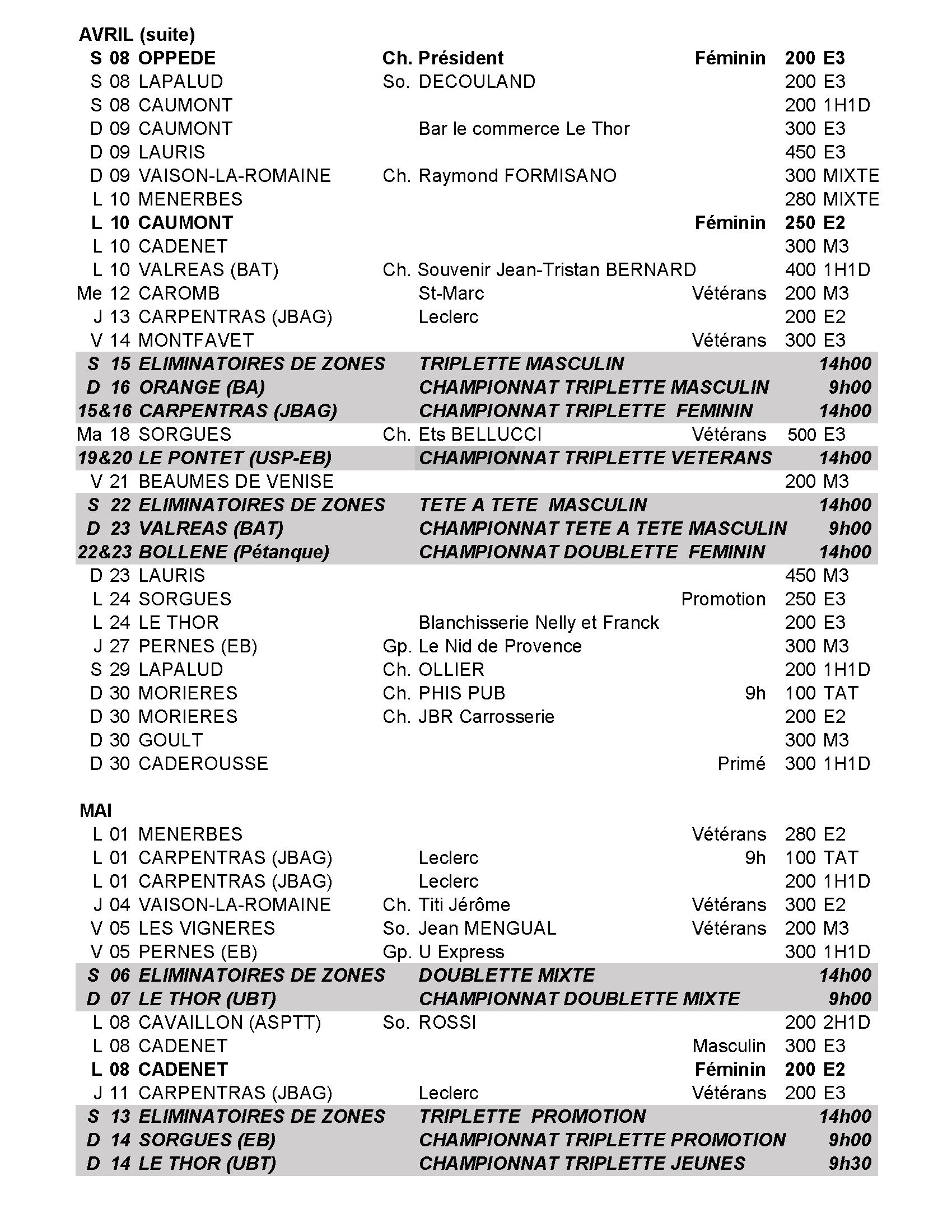 Calendrier AM